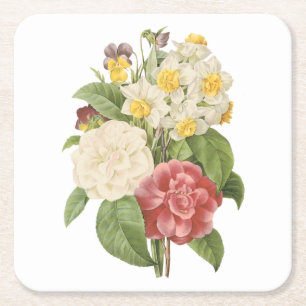 camellia, narcissus, pansy by Redouté Square Paper Coaster