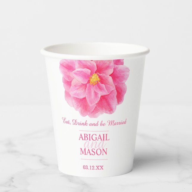 Camellias pink watercolor flowers custom wedding  paper cups (Front)