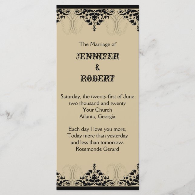 Camelot Gold with Black Scrolls Wedding Program Programme (Front)