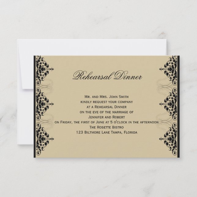 Camelot Gold with Black Scrolls Wedding Rehearsal Invitation (Front)
