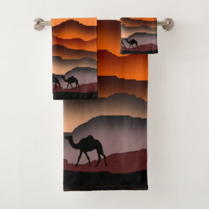 Camels At Sunset Desert Bath Towel Set - Painting