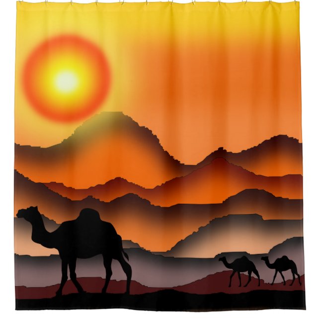 Camels At Sunset Desert Shower Curtain - Painting (Front)