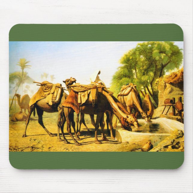 Camels drinking at an oasis mouse mat (Front)