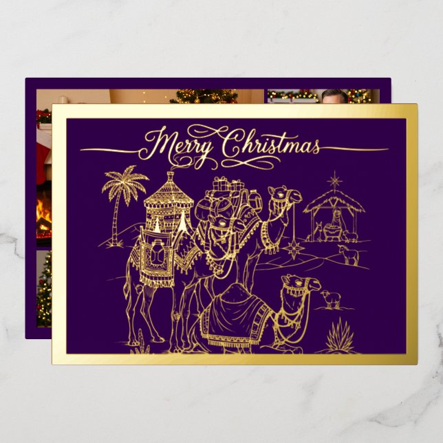 Camels, Manger, Merry Christmas in Purple, Gold Foil Holiday Card (Front/Back)