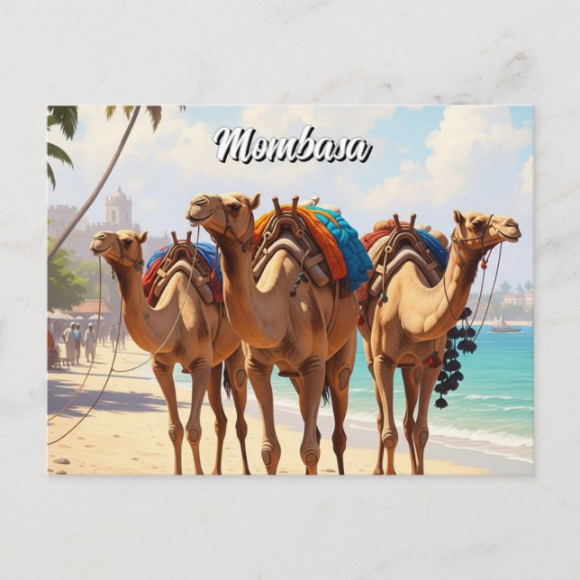 Camels on the beach in Mombasa Kenya Postcard (Front)