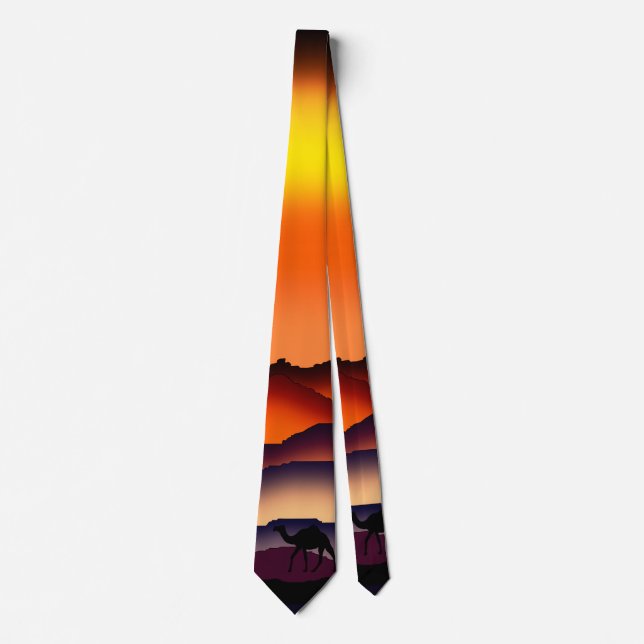Camels Silhouette At Desert Sunset Neck Tie (Front)