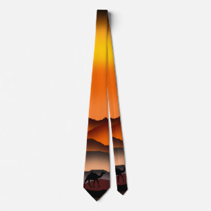 Camels Silhouette in Desert Sunset Neck Tie