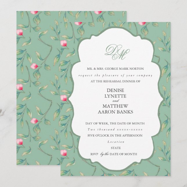 Cameo Green and Basil Green Rehearsal Dinner Invitation (Front/Back)