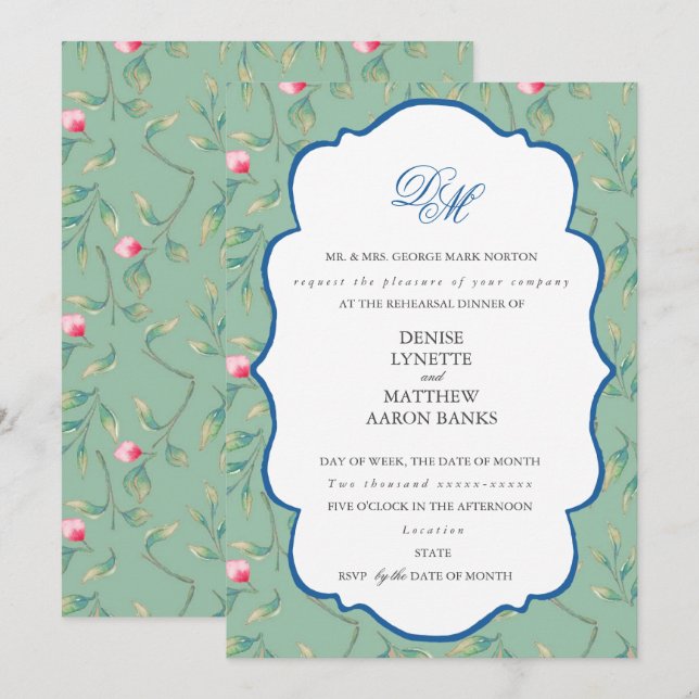 Cameo Green Rehearsal Dinner Invitation (Front/Back)