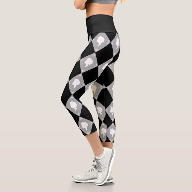 Cameo Harlequin Pattern in Black,White,Grey Capri Leggings (Left)