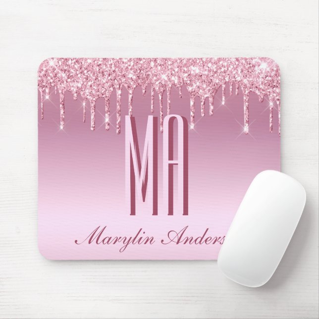 CAMEO PINK GLITTER DRIP CURSIVE NAME MONOGRAM MOUSE MAT (With Mouse)