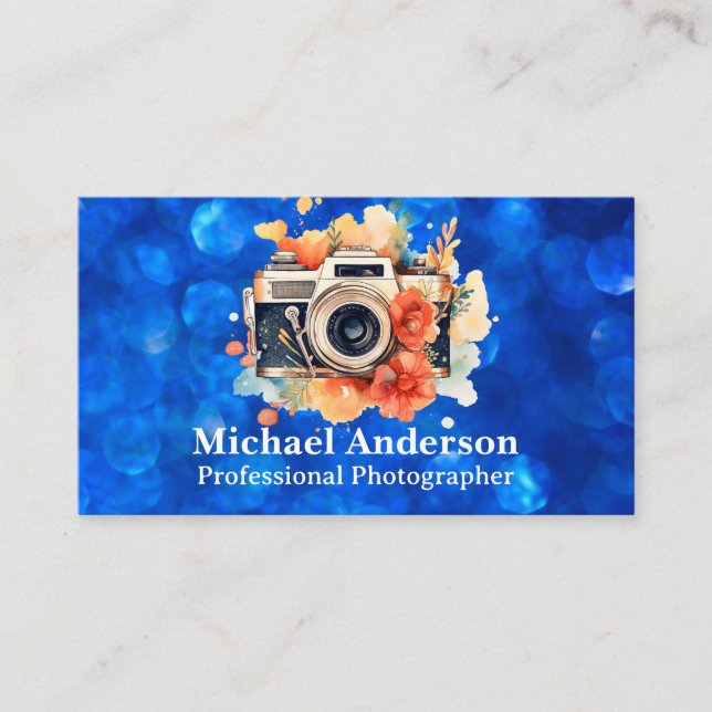 Camera and Flowers | Blue Bokeh Business Card (Front)
