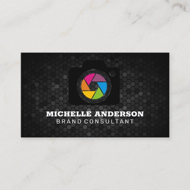 Camera Icon | Geometric Background Business Card (Front)