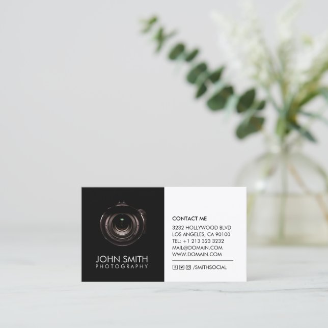 Camera Lens Black and White Photography Business Card (Standing Front)