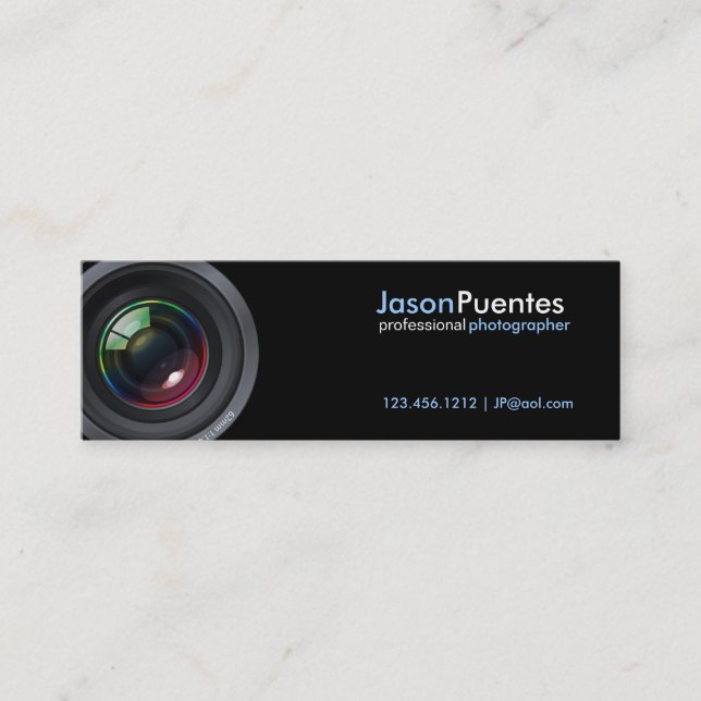 Camera Lens on Black Background Mini Business Card (Front)