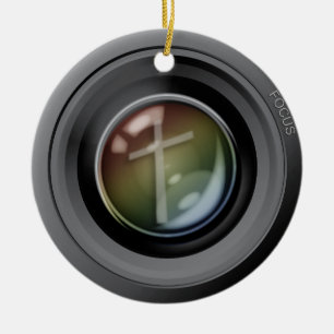 Camera Lens Ornament. Focus on Jesus. Ceramic Tree Decoration