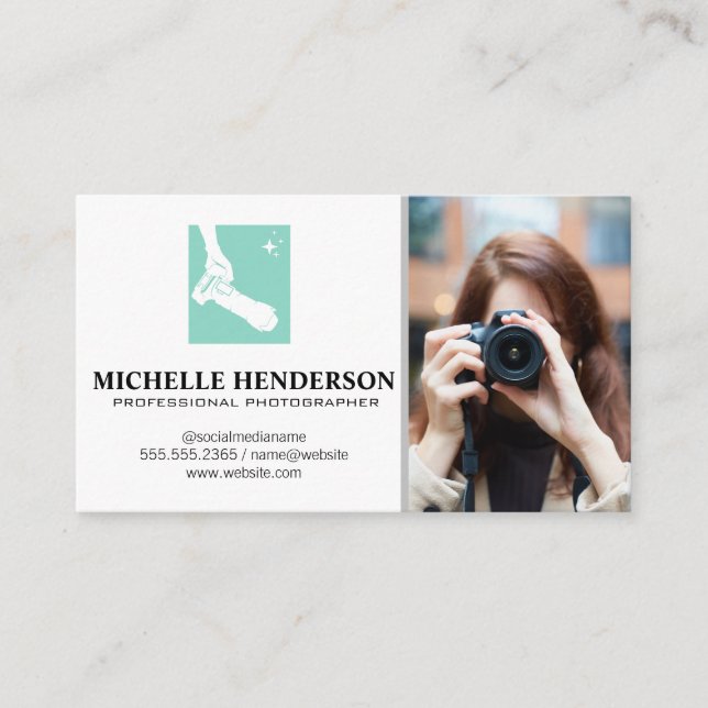 Camera Logo | Woman Holding Camera Business Card (Front)