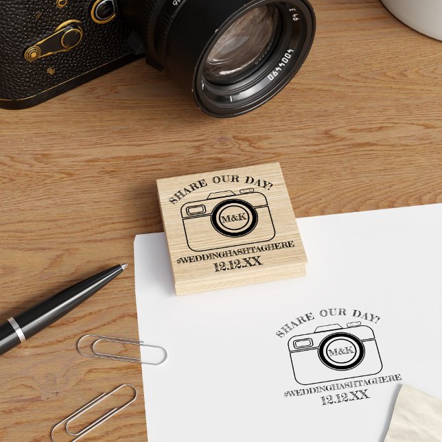 Camera Monogram Share our Day Wedding Rubber Stamp (Just add your initials, wedding hashtag and date to this rubber stamp and get stamp happy!)