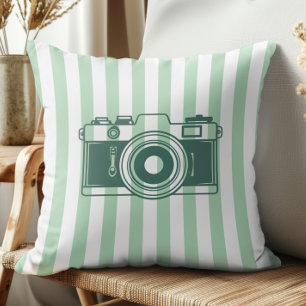 Camera on Sea Green Stripes, Accent Pillow,  Cushion