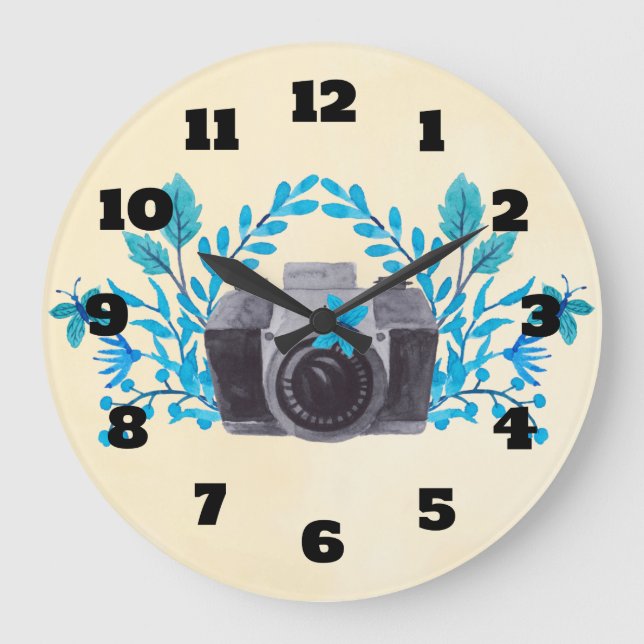Camera With Azure Blue Leaves And Butterflies Large Clock (Front)
