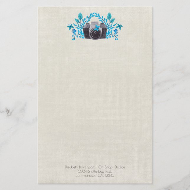 Camera With Azure Blue Leaves And Butterflies Stationery (Front)