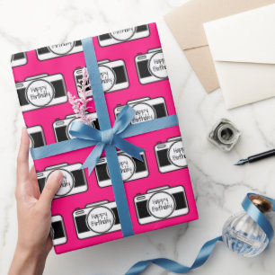 Camera with Birthday Text  On Pink Wrapping Paper