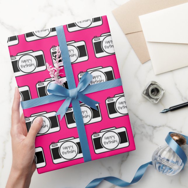 Camera with Birthday Text  On Pink Wrapping Paper (Gifting)