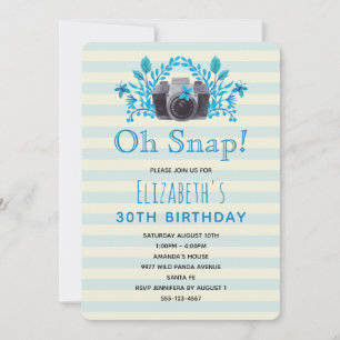 Camera With Blue Leaves And Butterflies Birthday Invitation