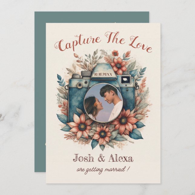 Camera with floral wedding Invitation (Front/Back)