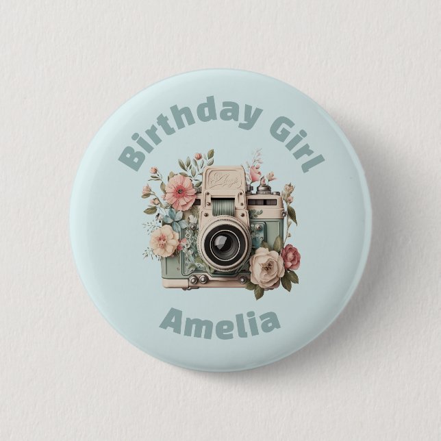 Camera with Flowers Retro Pastel Birthday Girl 6 Cm Round Badge (Front)