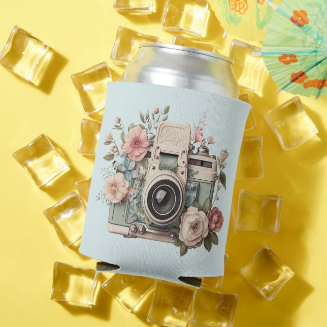 Camera with Flowers Retro Pastel Can Cooler (In Situ Summer)