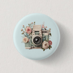 Camera with Flowers Retro Pastel Image 3 Cm Round Badge
