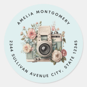 Camera with Flowers Retro Pastel Image - Address Classic Round Sticker