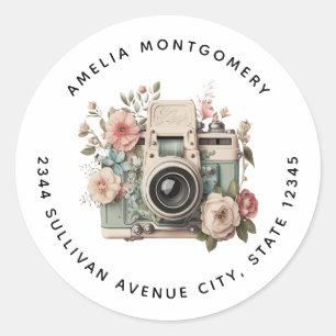 Camera with Flowers Retro Pastel Image - Address Classic Round Sticker