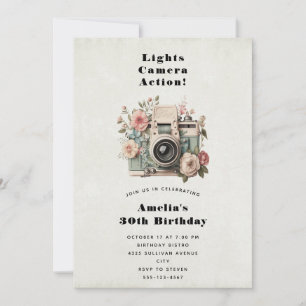 Camera with Flowers Retro Pastel Image Birthday Invitation
