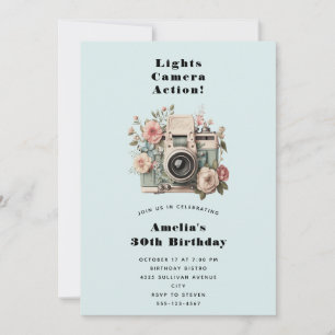 Camera with Flowers Retro Pastel Image Birthday Invitation