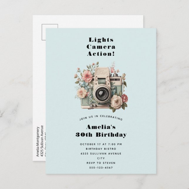 Camera with Flowers Retro Pastel Image Birthday Invitation Postcard (Front/Back)
