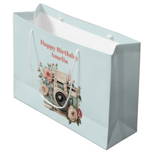 Camera with Flowers Retro Pastel Image Birthday Large Gift Bag
