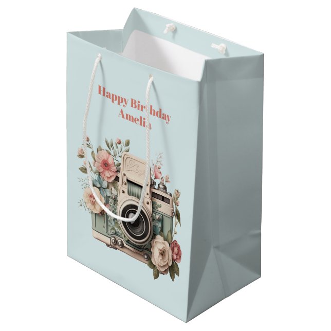 Camera with Flowers Retro Pastel Image Birthday Medium Gift Bag (Front Angled)