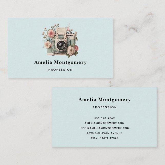 Camera with Flowers Retro Pastel Image Business Card (Front/Back)
