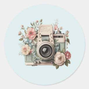 Camera with Flowers Retro Pastel Image Classic Round Sticker