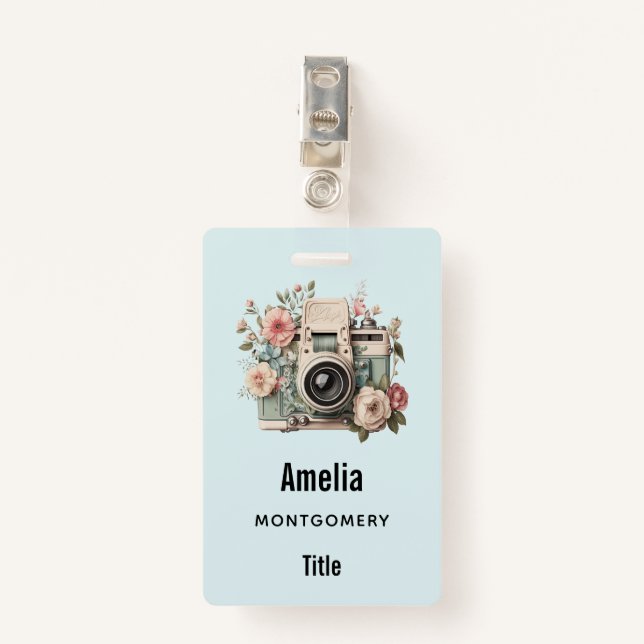Camera with Flowers Retro Pastel Image ID Badge (Front with Clip)