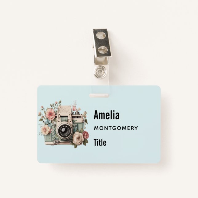 Camera with Flowers Retro Pastel Image ID Badge (Front with Clip)