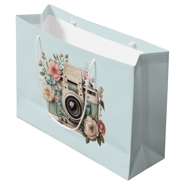 Camera with Flowers Retro Pastel Image Large Gift Bag (Front Angled)