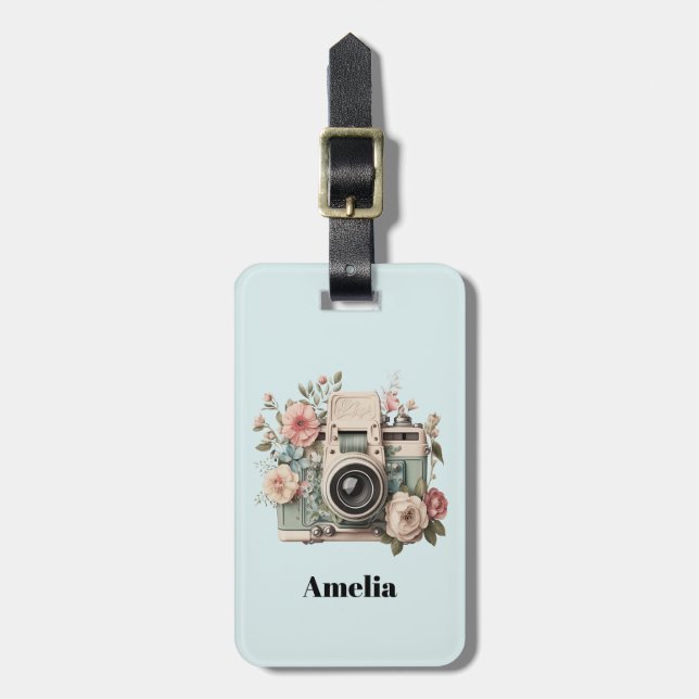 Camera with Flowers Retro Pastel Image Luggage Tag (Front Vertical)