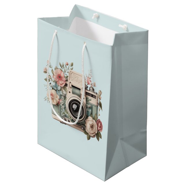 Camera with Flowers Retro Pastel Image Medium Gift Bag (Front Angled)