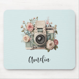 Camera with Flowers Retro Pastel Image Mouse Mat