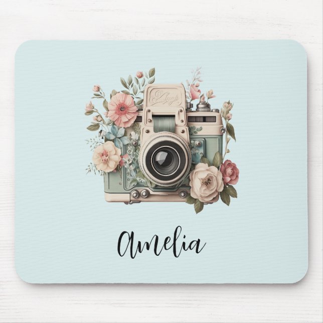 Camera with Flowers Retro Pastel Image Mouse Mat (Front)