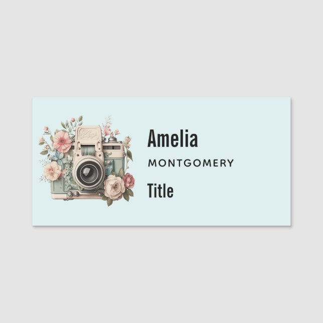 Camera with Flowers Retro Pastel Image Name Tag (Front)