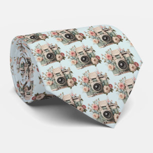 Camera with Flowers Retro Pastel Image Pattern Tie